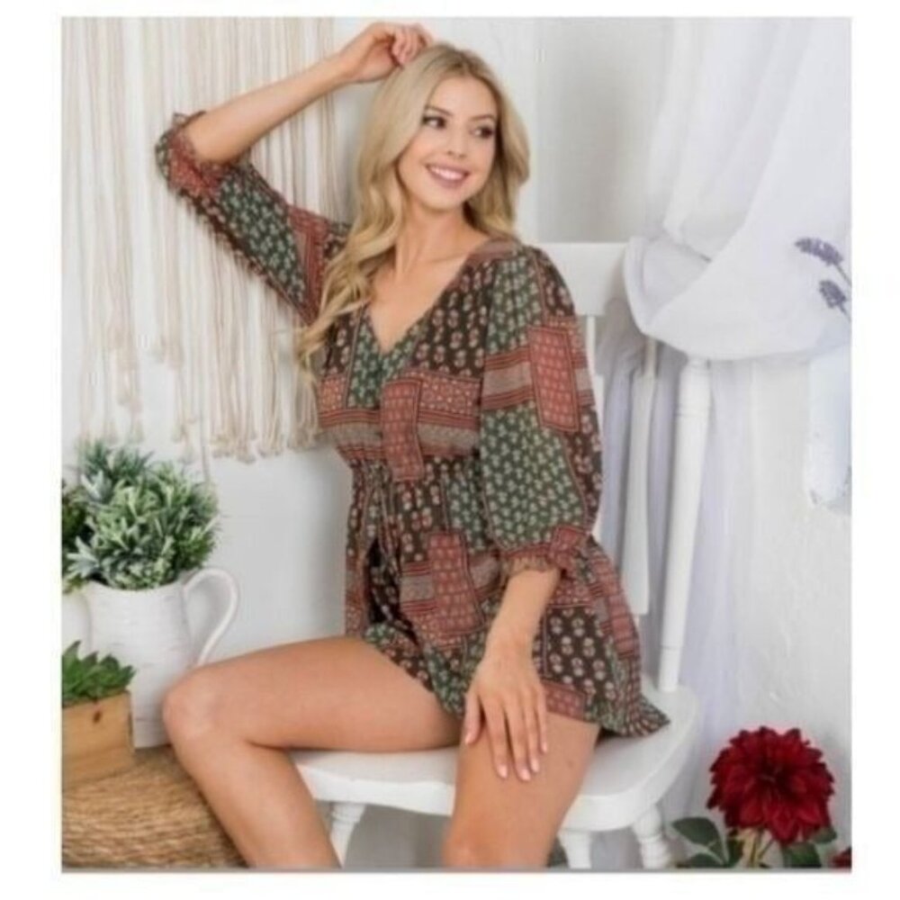 Boho Long Sleeve Patchwork Print Romper W/ Drawstring Waist & V-Neckline-NEW - Picture 7 of 7